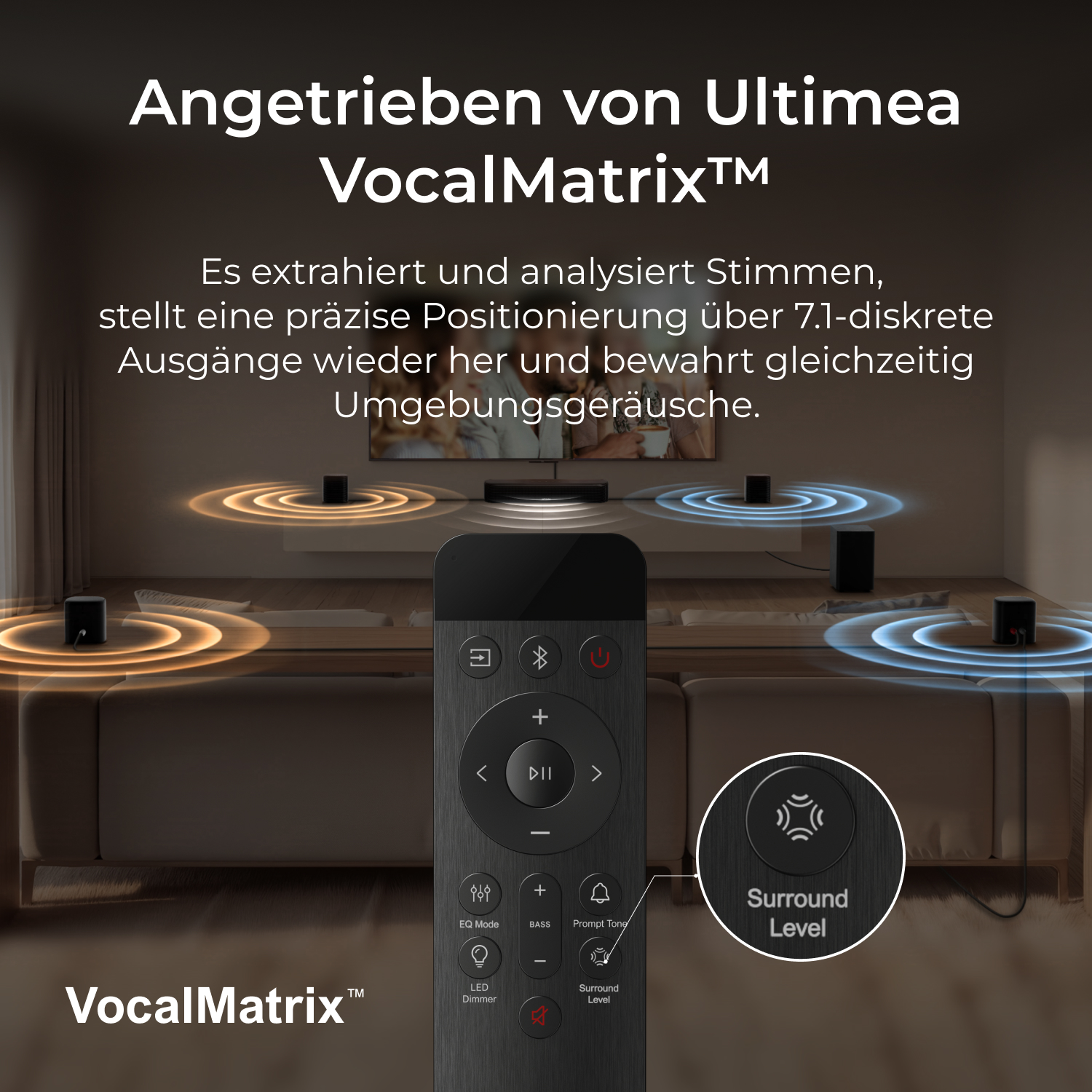 Un home theater scuro con altoparlanti, telecomando e onde sonore.