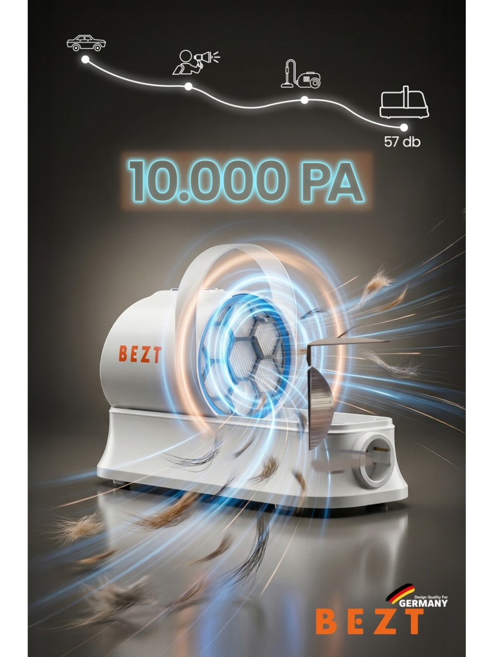 10.000 PA emiş gücüne sahip BEZT elektrikli süpürge. Tüyler çekiliyor.