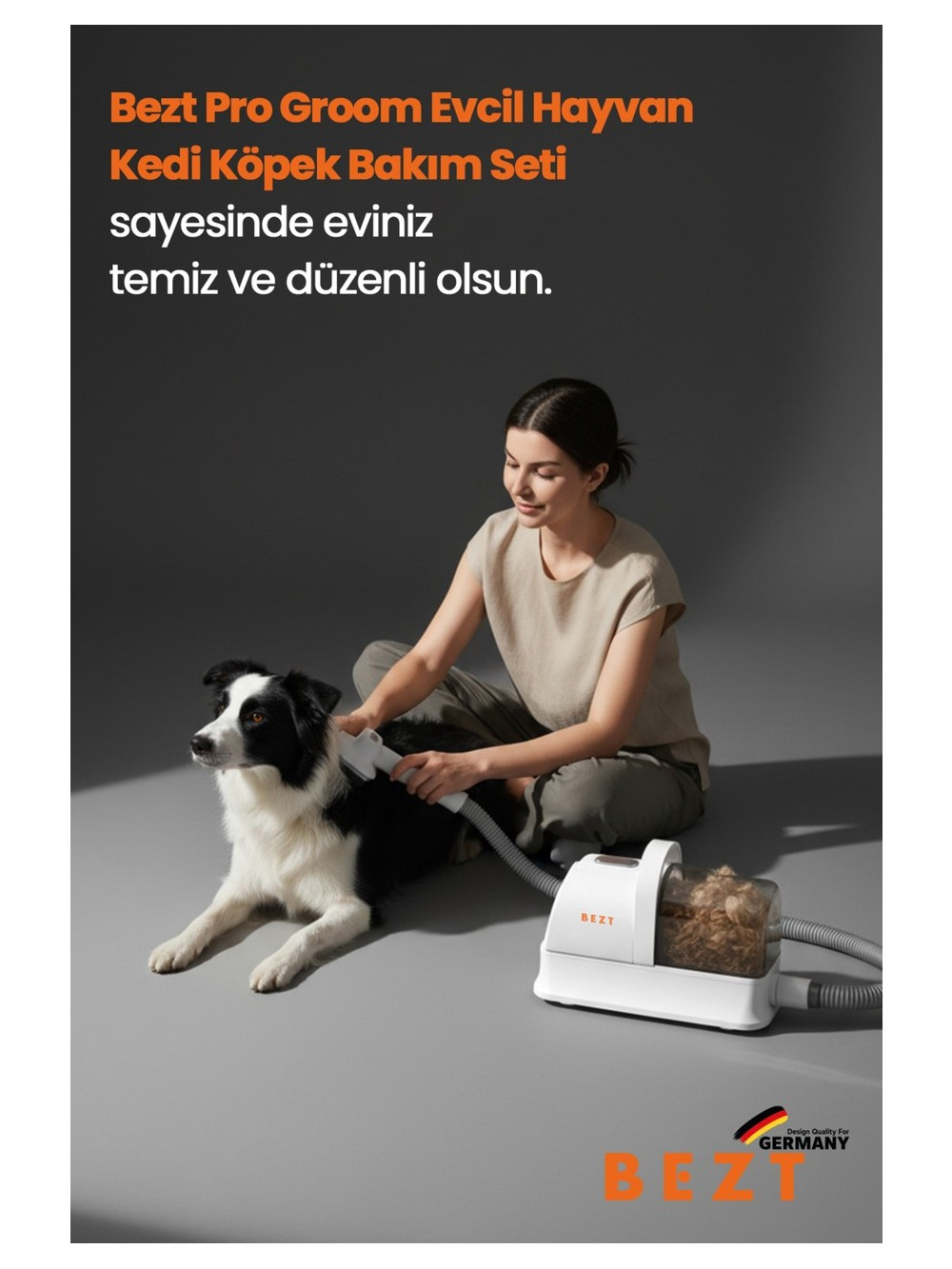 Bir kadın, tüy toplayan bir cihazla köpeğini tımar ediyor.