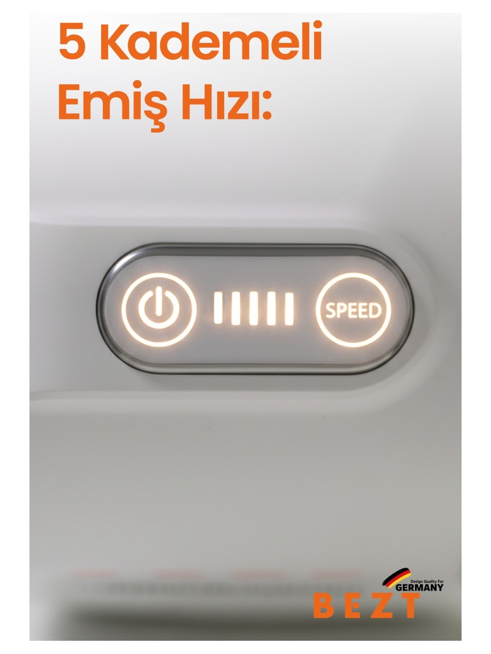 Güç düğmesi ve 5 ışıklı hız göstergesi bulunan kontrol paneli.