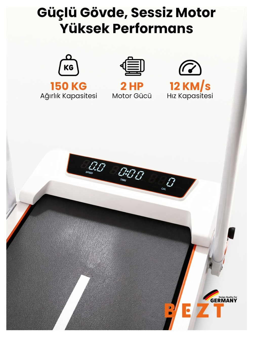 150 kg kapasiteli, 2 HP motorlu, 12 km/s hızında koşu bandı. Dijital ekran.