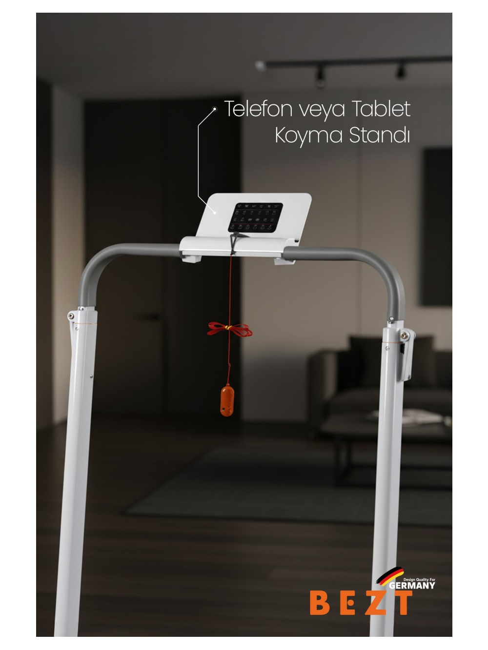 Kırmızı kurdeleli ve turuncu uçlu beyaz telefon veya tablet standı.