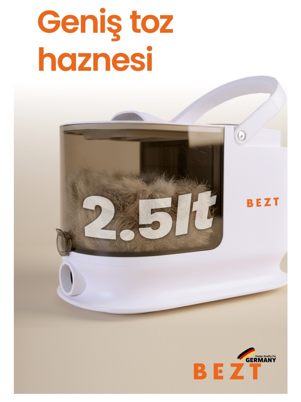 Tozla dolu, 2,5 litrelik beyaz elektrikli süpürge toz haznesi.