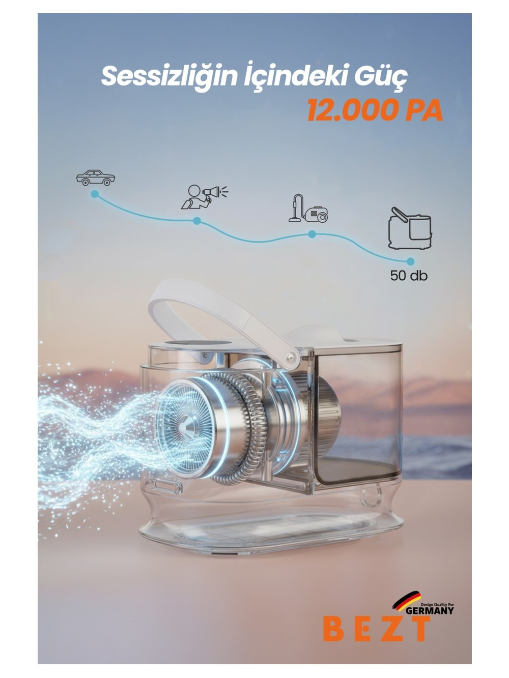 12.000 PA emiş gücüne ve 50 dB sese sahip güçlü, sessiz elektrikli süpürge.