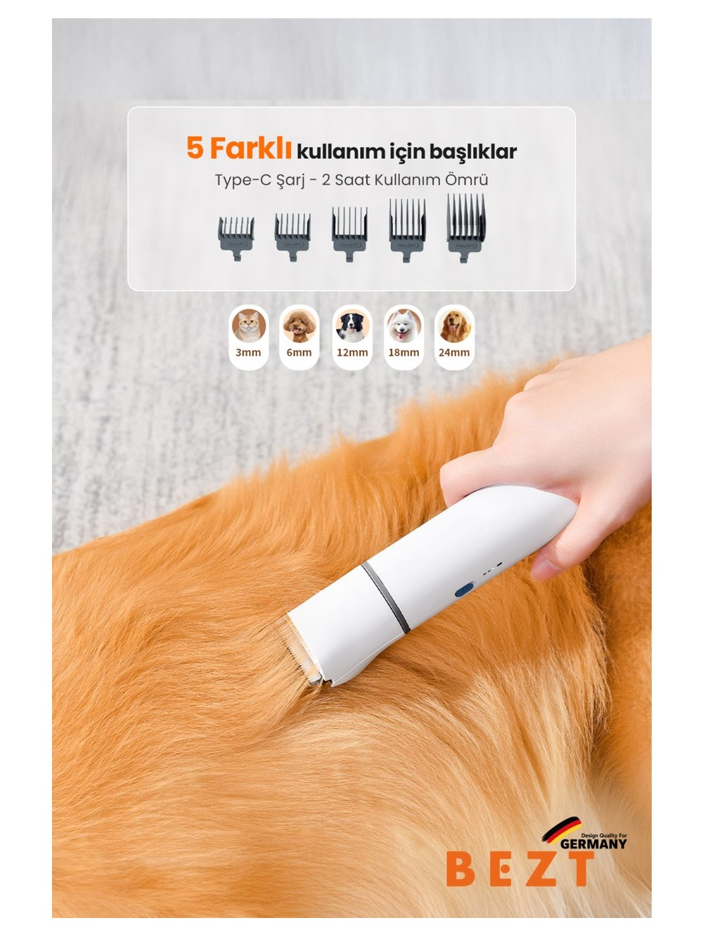 Beyaz bir köpek, bir el tarafından tıraş makinesiyle traş ediliyor. Farklı başlıklar gösteriliyor.