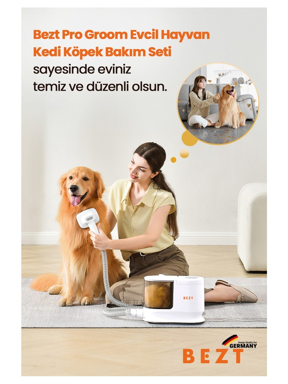Kadın, aletle köpeği tarıyor; küçük köpek baloncukta.