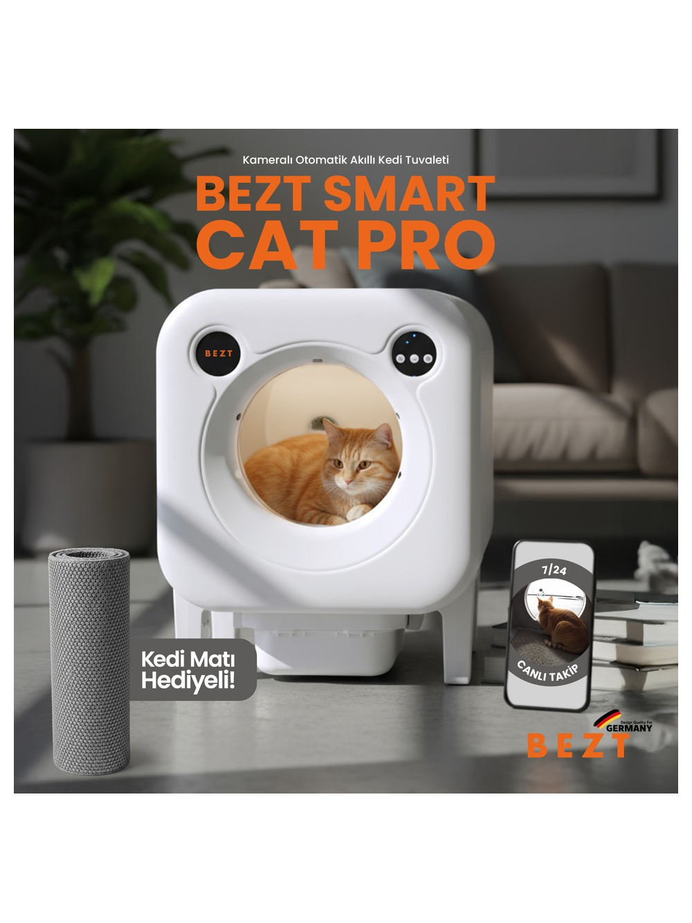 Turuncu bir kedi, kameralı beyaz otomatik kedi tuvaletinde oturuyor.