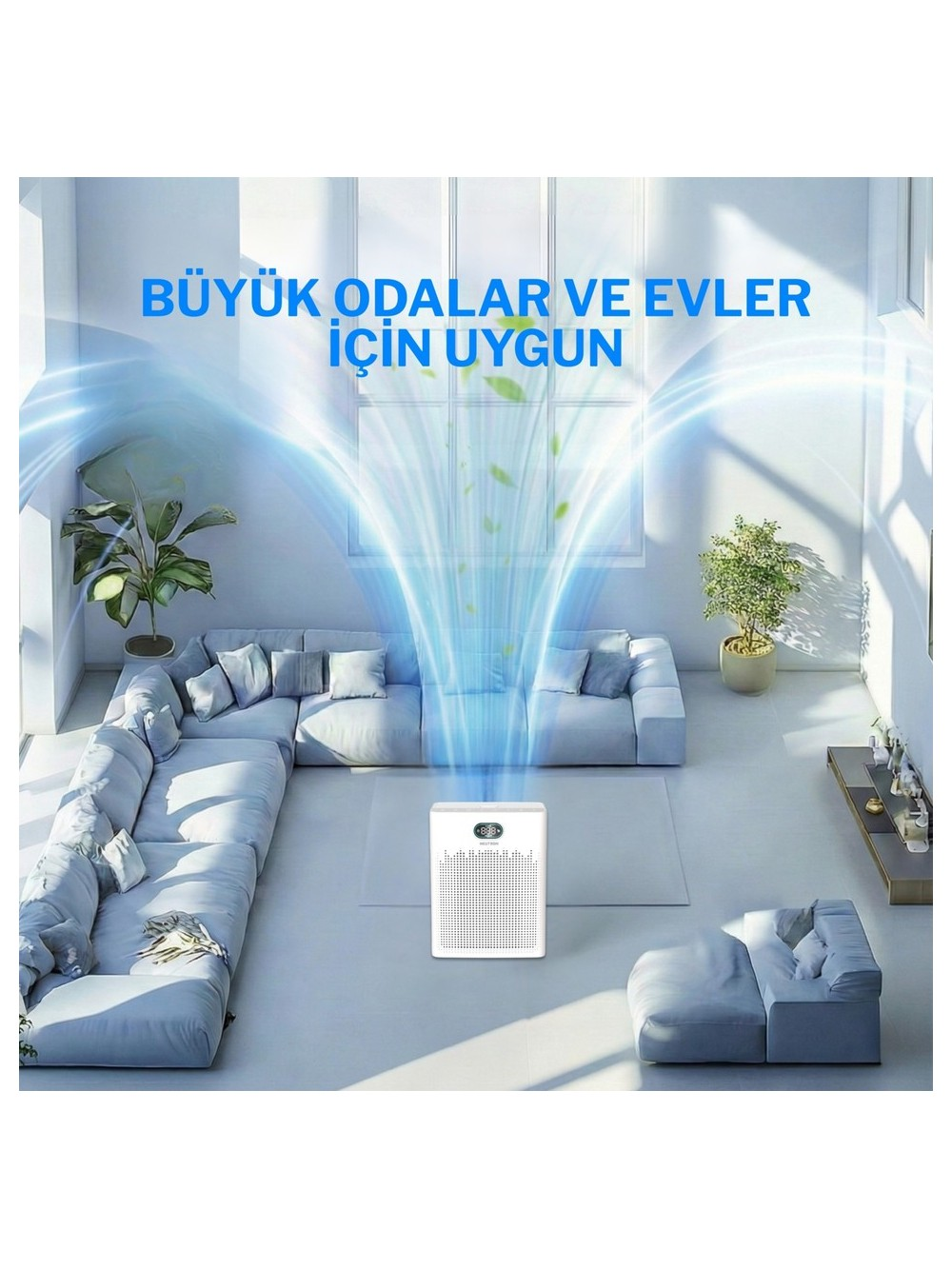 Modern bir oturma odasında beyaz hava temizleyici, koltuklar ve bitkiler.