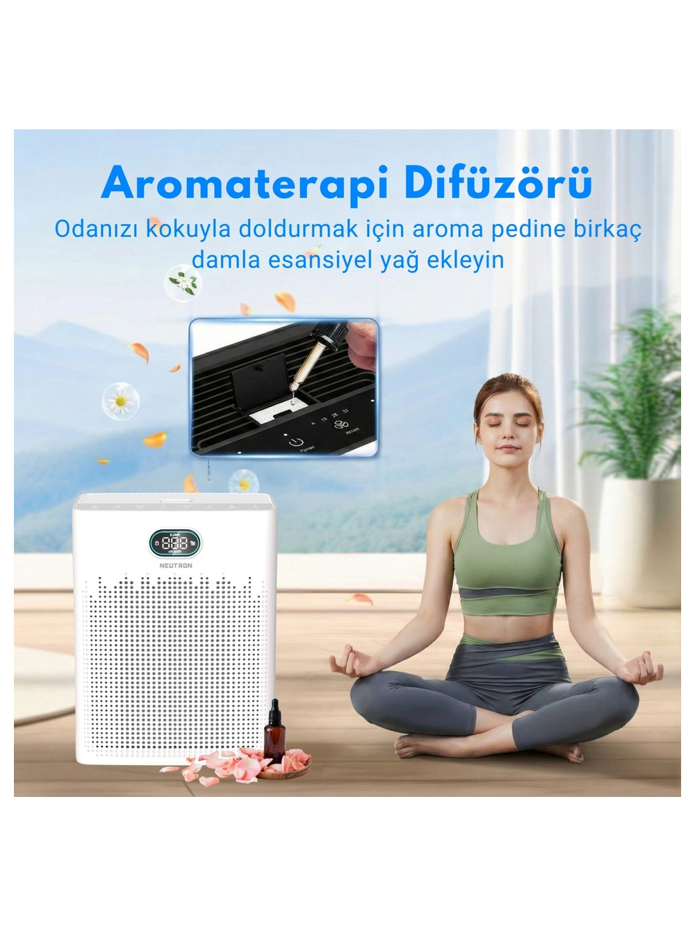 Kadın beyaz difüzör yanında meditasyon yapıyor. Yağ ekleniyor.
