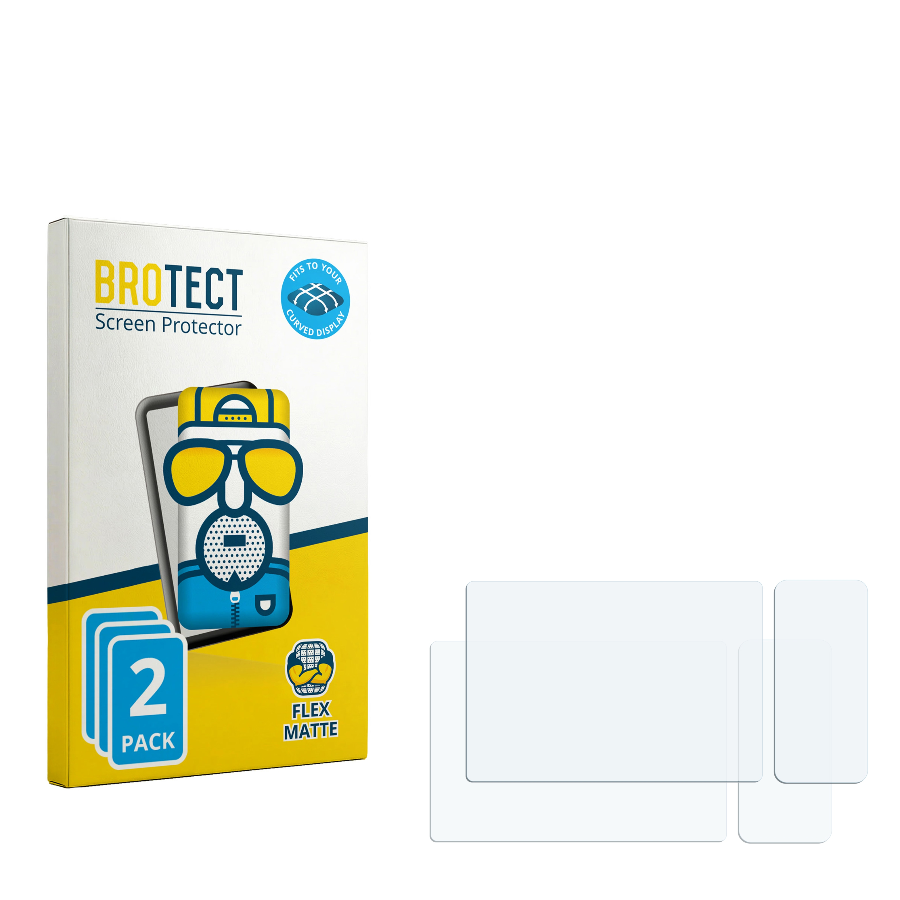Verpackung für Displayschutzfolien mit zwei Folien und einem lustigen Cartoon-Gesicht.