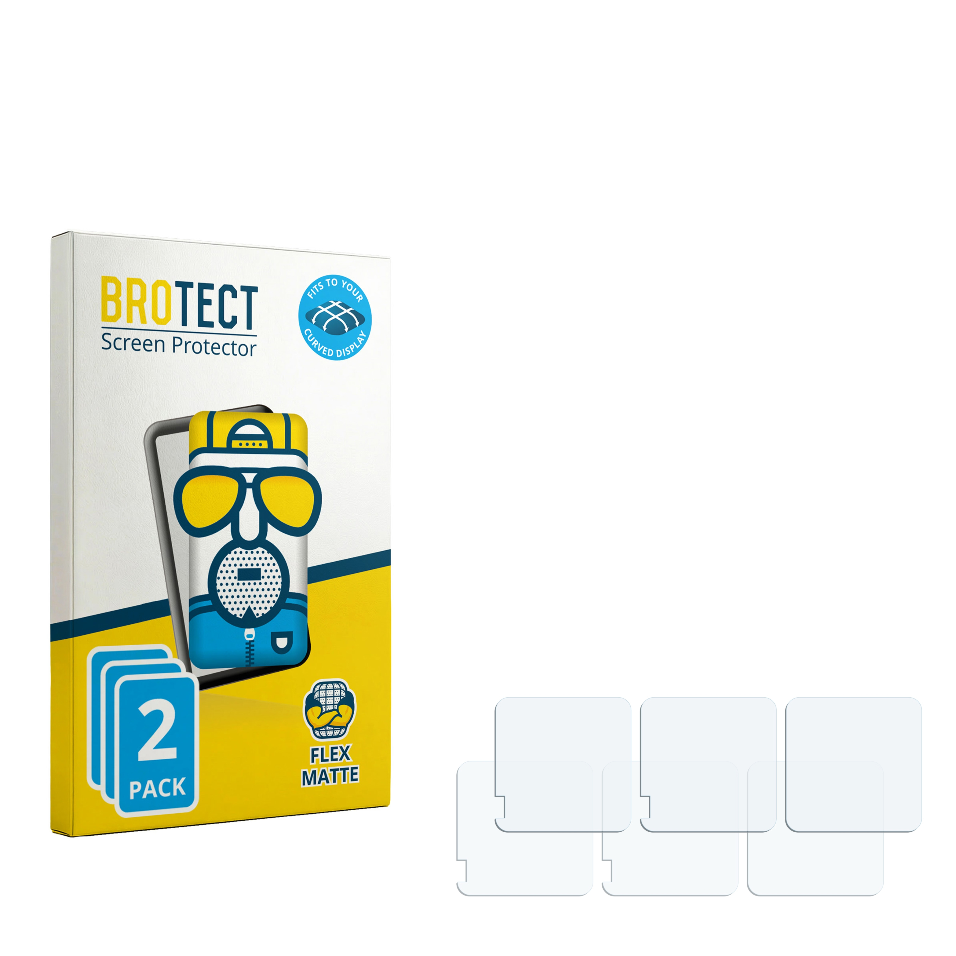 Verpackung für Displayschutzfolien mit zwei Stück und vier einzelnen Folien daneben.