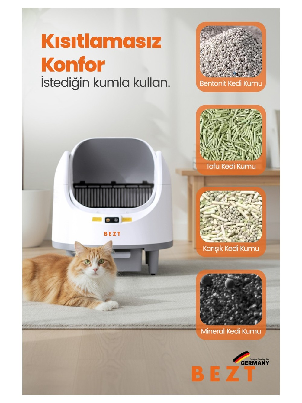 Bir kedi otomatik bir kedi tuvaletinin önünde yatıyor. Yanında dört tür kedi kumu var.