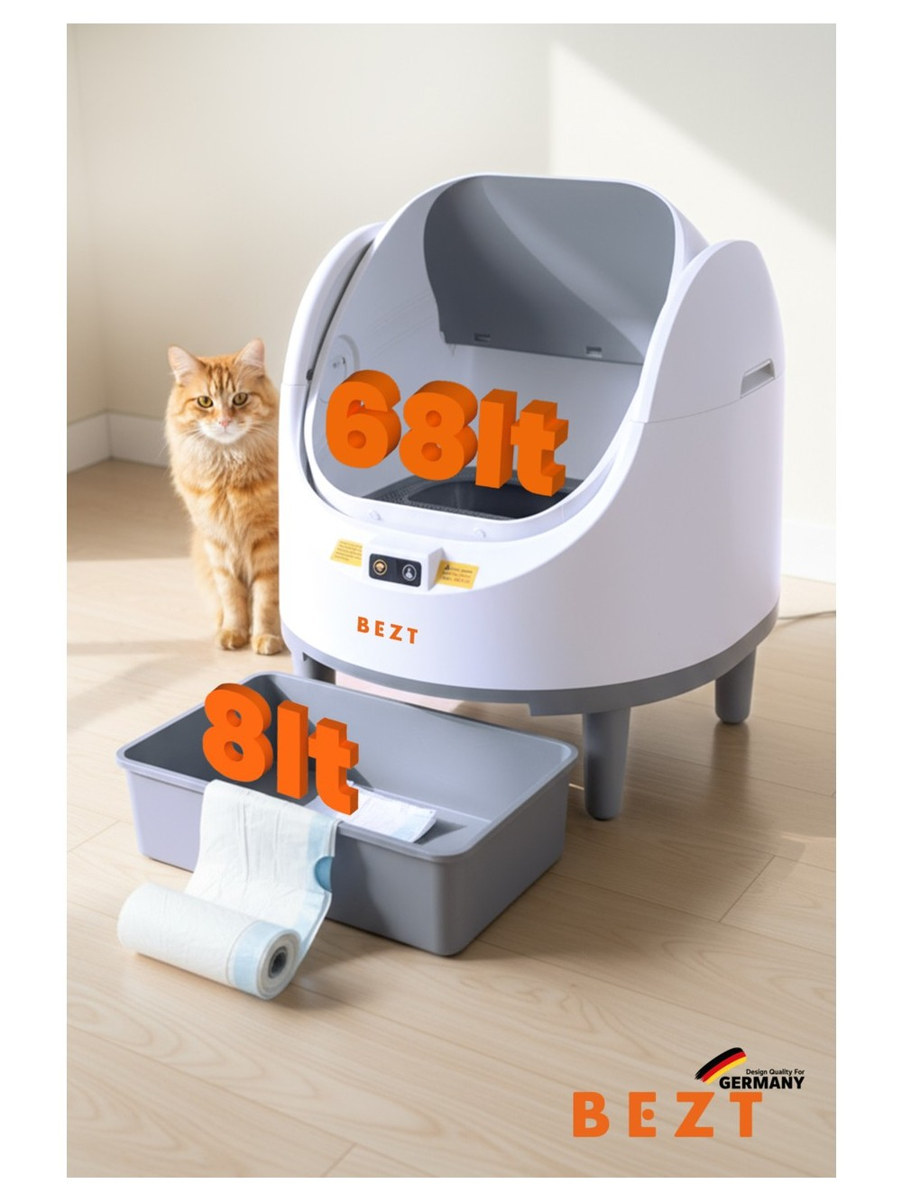 Turuncu bir kedi, turuncu 68lt ve 8lt sayılarının olduğu beyaz bir kedi tuvaletinin yanında oturuyor.