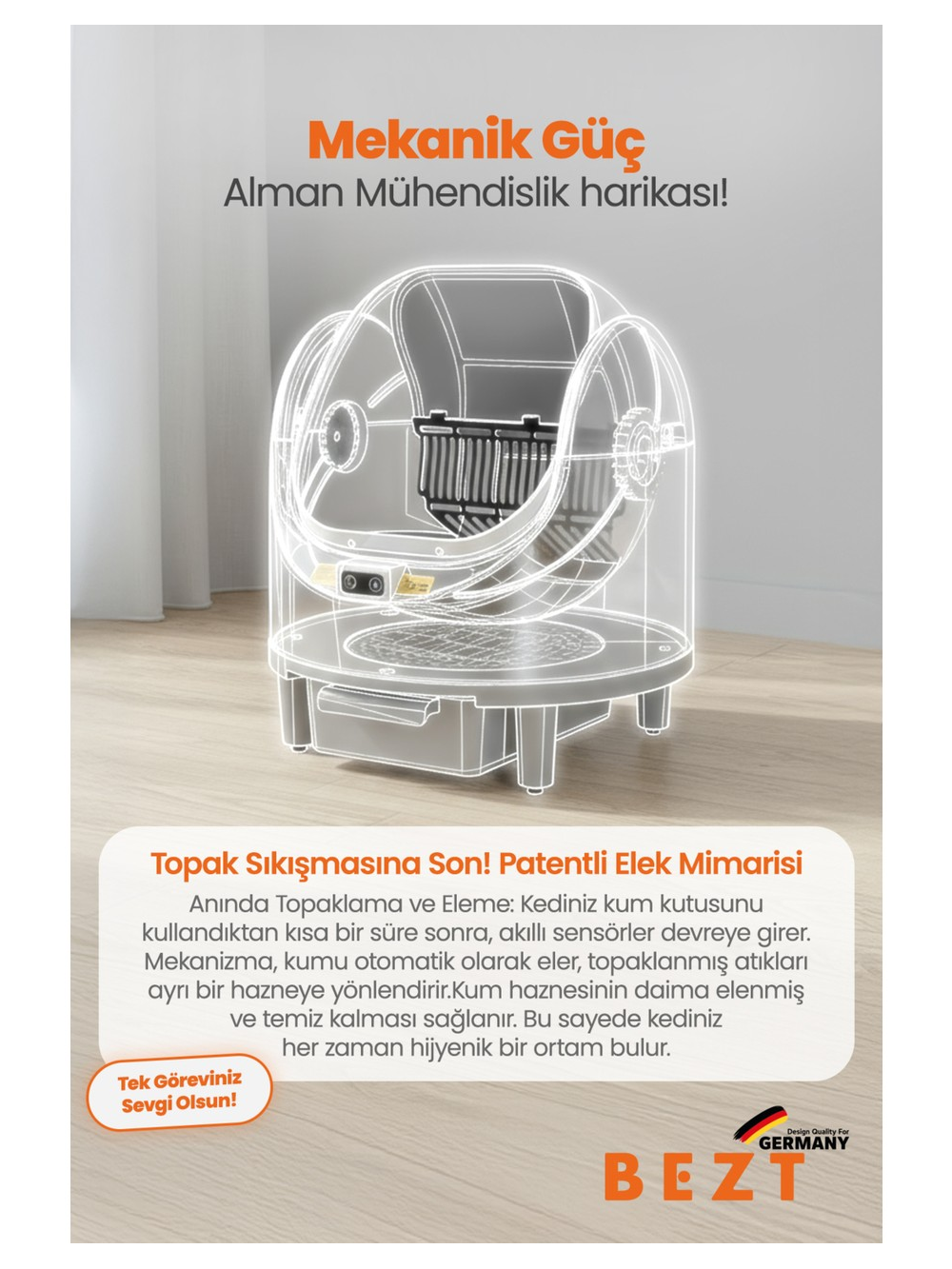 Otomatik eleme mekanizmalı bir kedi tuvaletinin şematik çizimi.