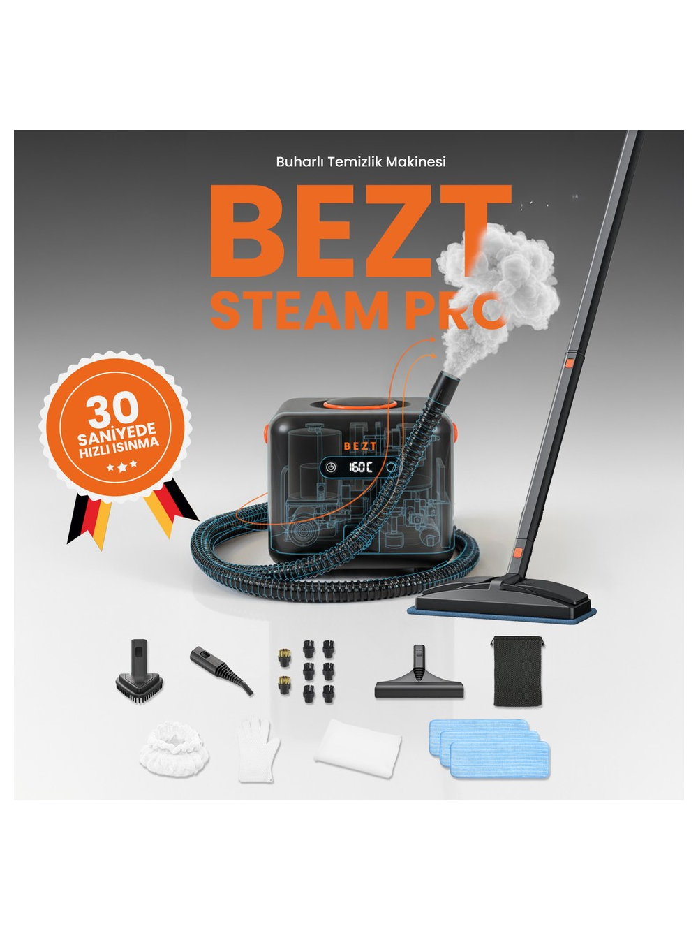 BEZT Steam Pro 30 Saniyede Hızlı Isınma 4.5 Bar 1650 W Buharlı Temizlik Makinesi Siyah