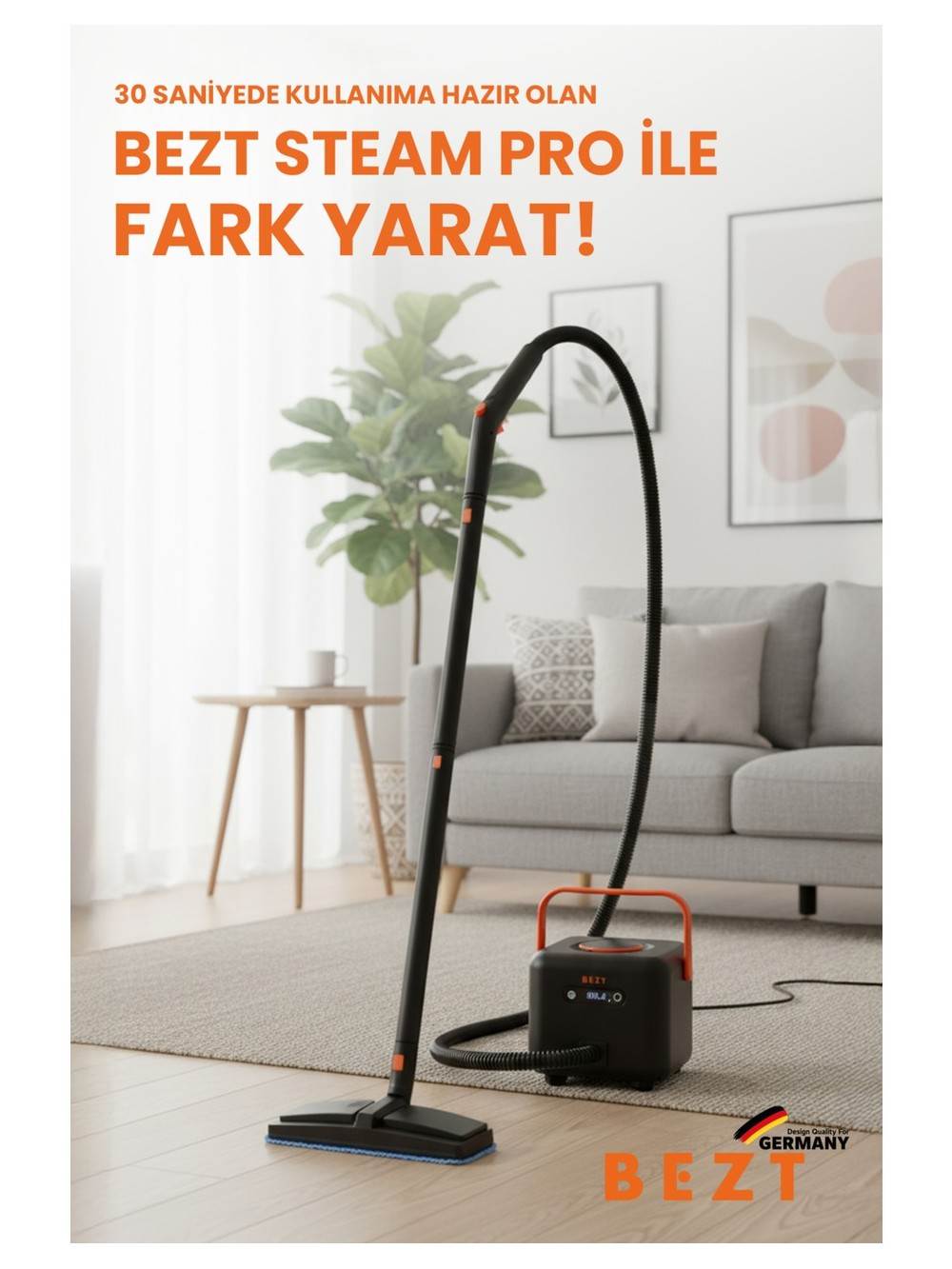 Bir Bezt buharlı temizleyici, kanepe ve masanın yanında oturma odasında duruyor.