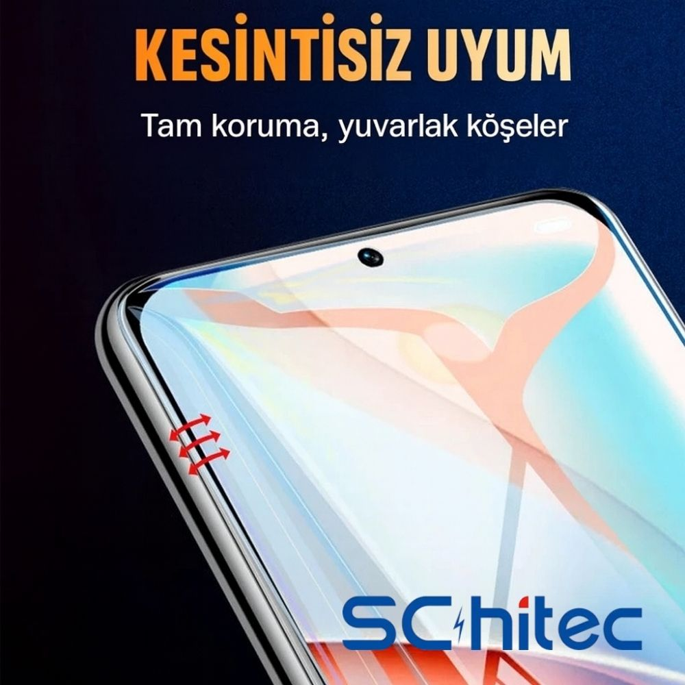 Ekran koruyuculu telefonun yakın çekimi; üstte yazı bulunur.