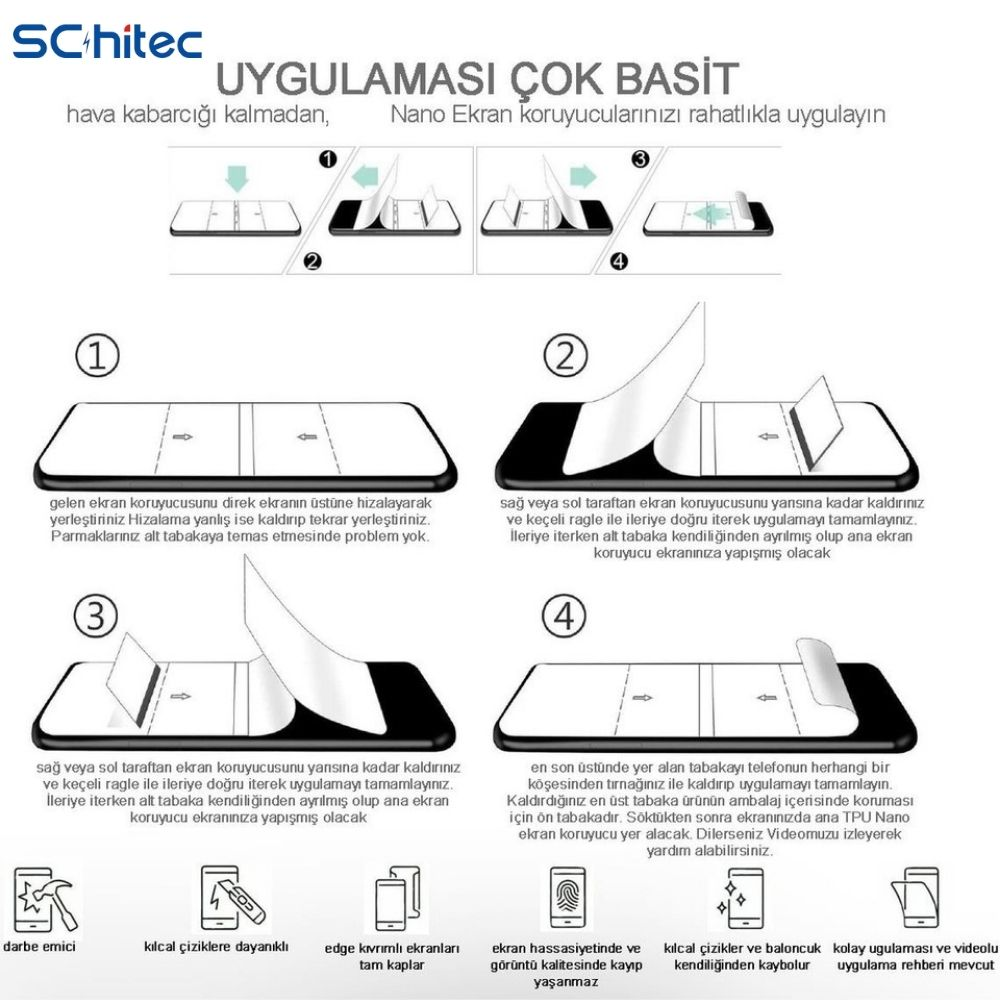 Talimatlar: Nano ekran koruyucuyu baloncuksuz uygulayın. Adımlar 1-4.