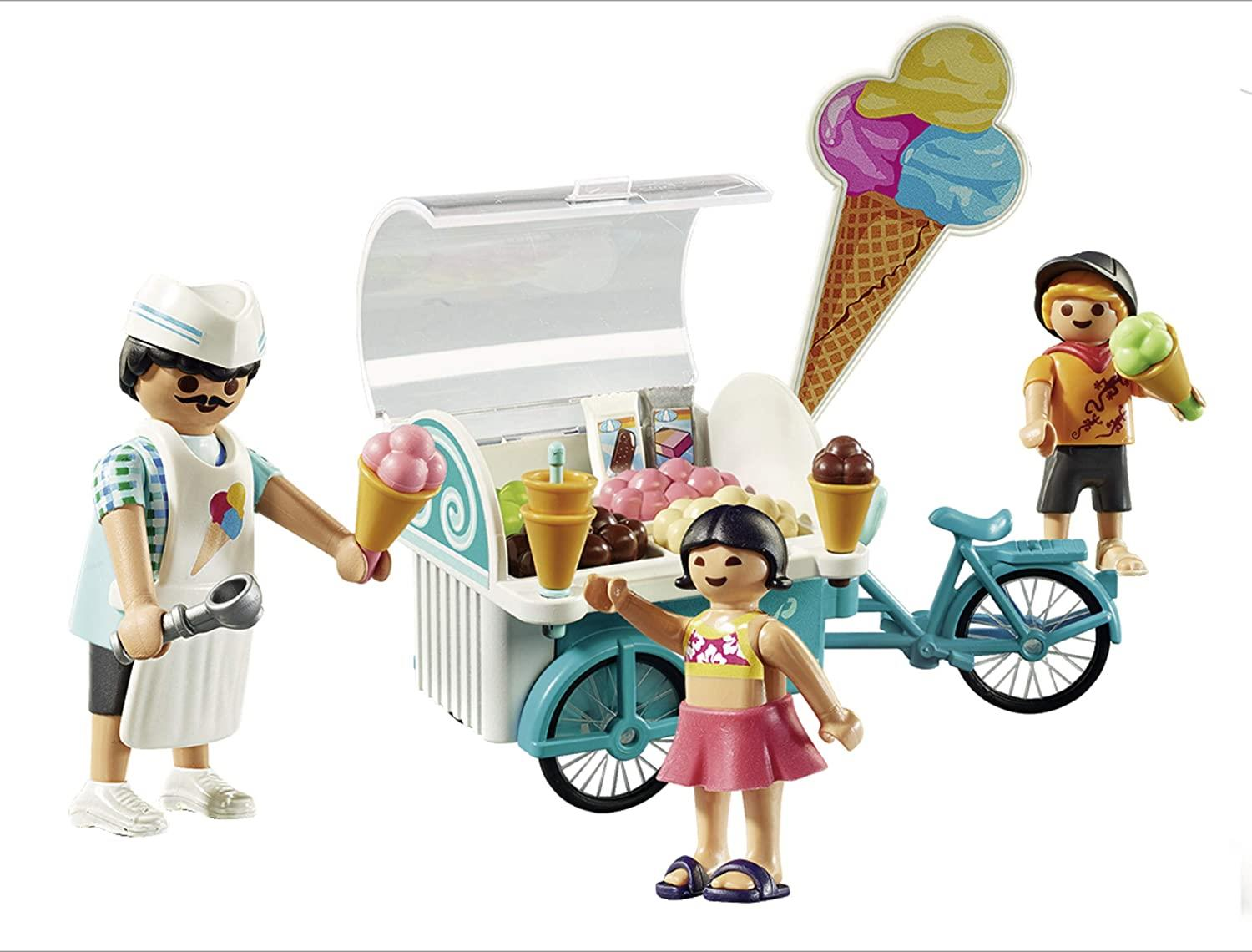 Playmobil Eiswagen mit Verkäufer und zwei Kindern, die Eis halten.