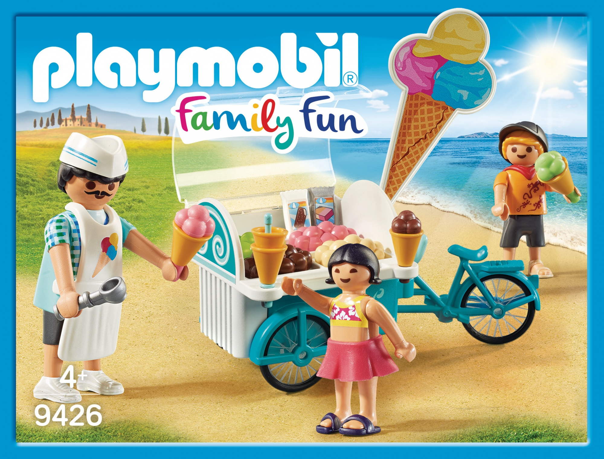 Playmobil Eiswagen am Strand mit Verkäufer, Mädchen und Junge mit Eis.
