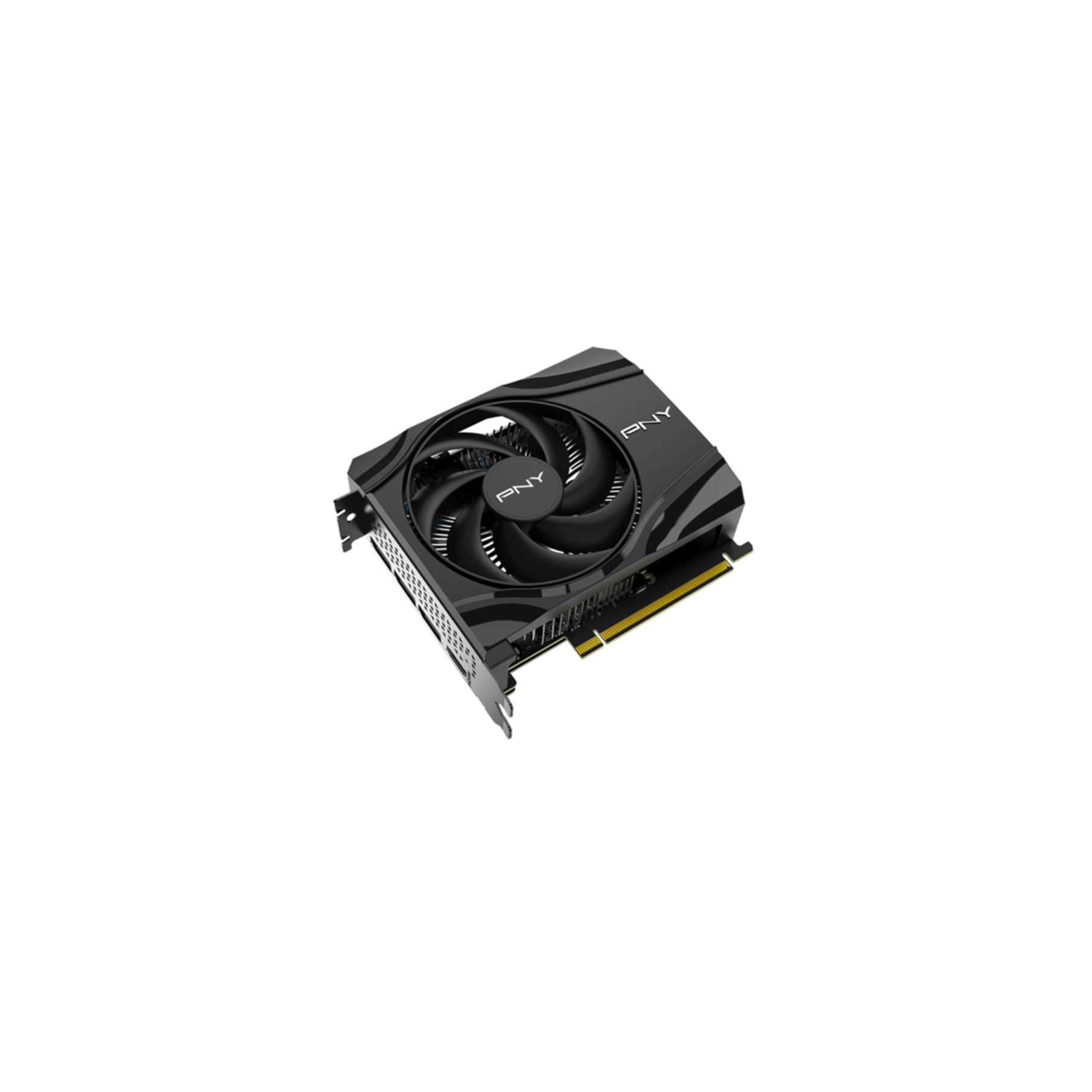 Black graphics card with one fan and PNY logo, isolated on a white background.