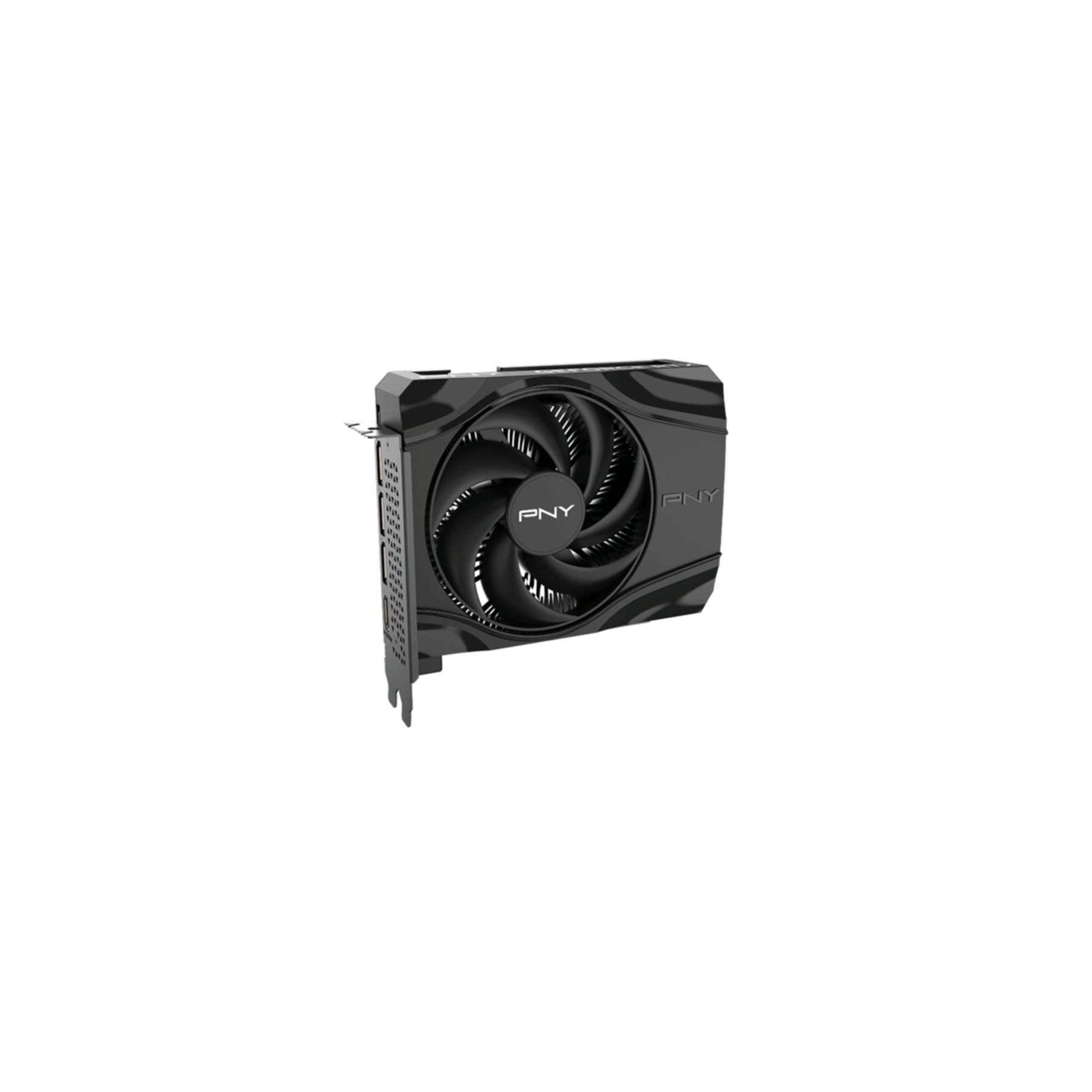 Black graphics card with one fan and PNY logo.