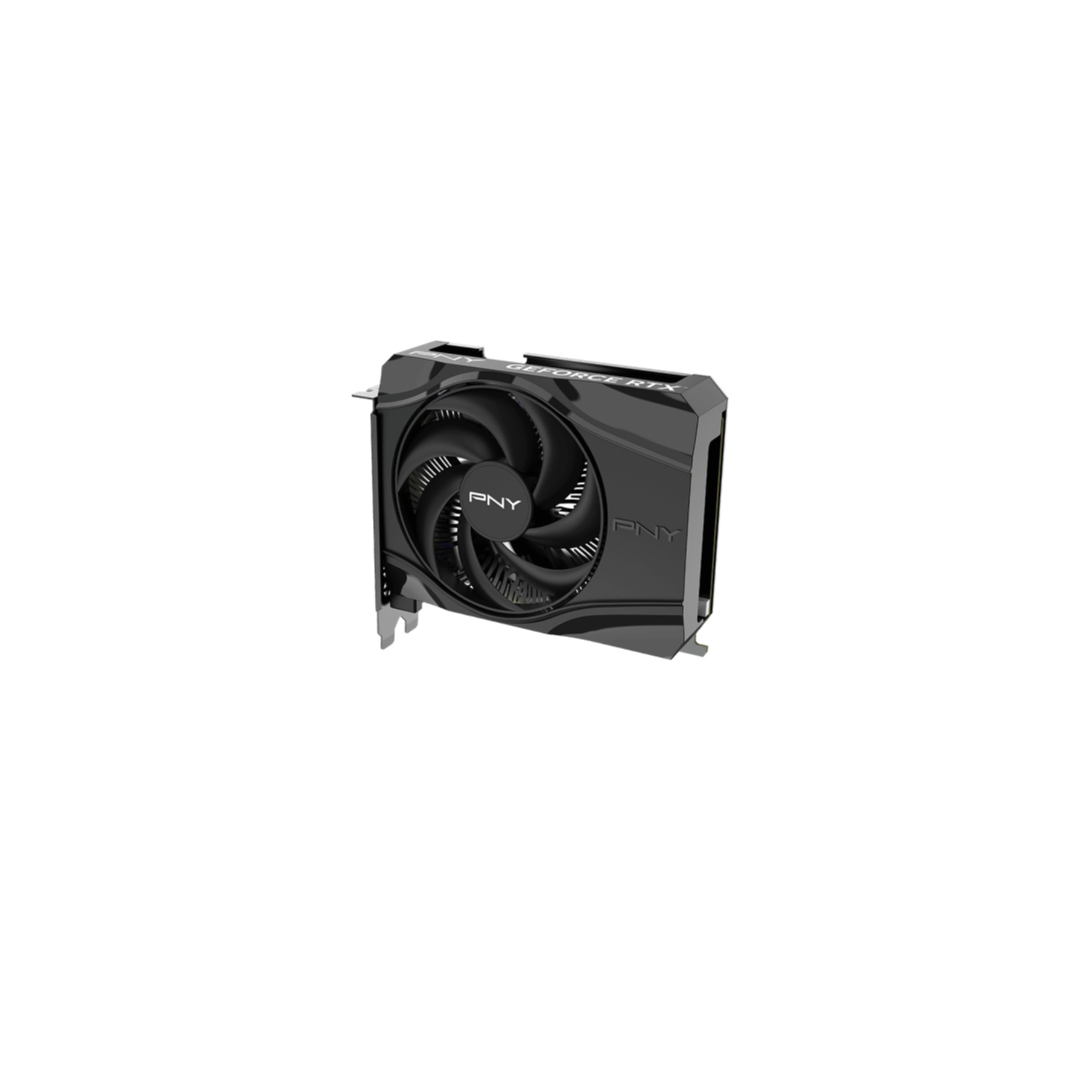 A black graphics card featuring a fan and PNY branding.