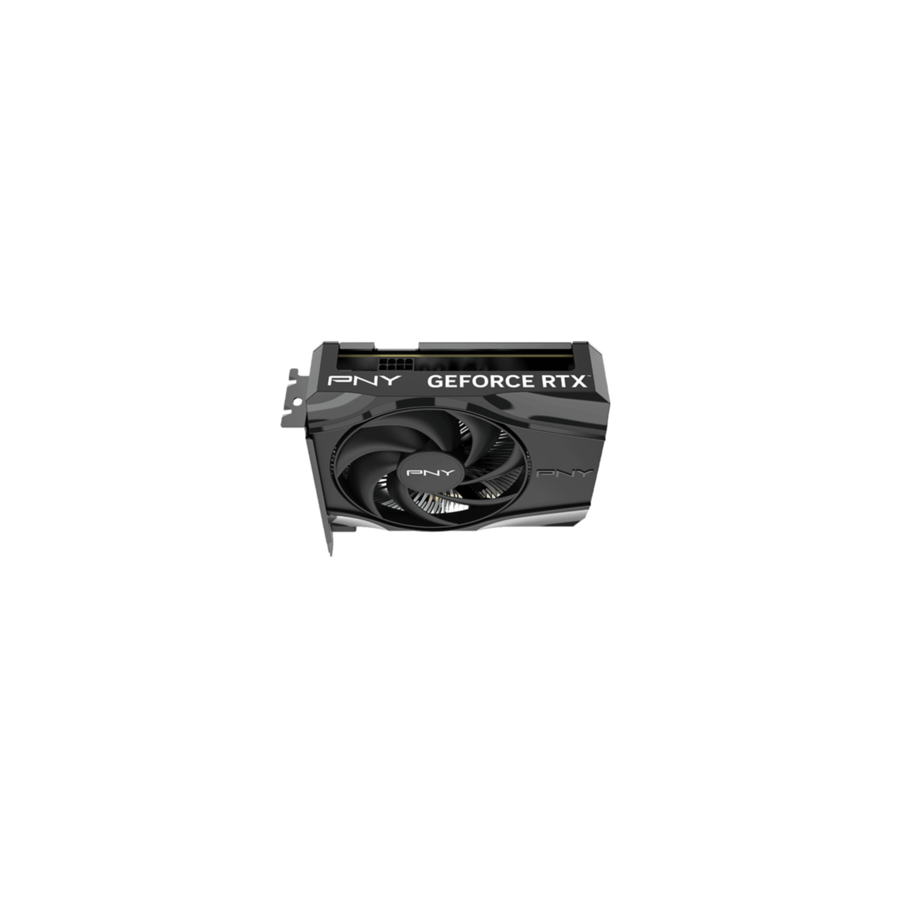 A black PNY GeForce RTX graphics card with one fan.