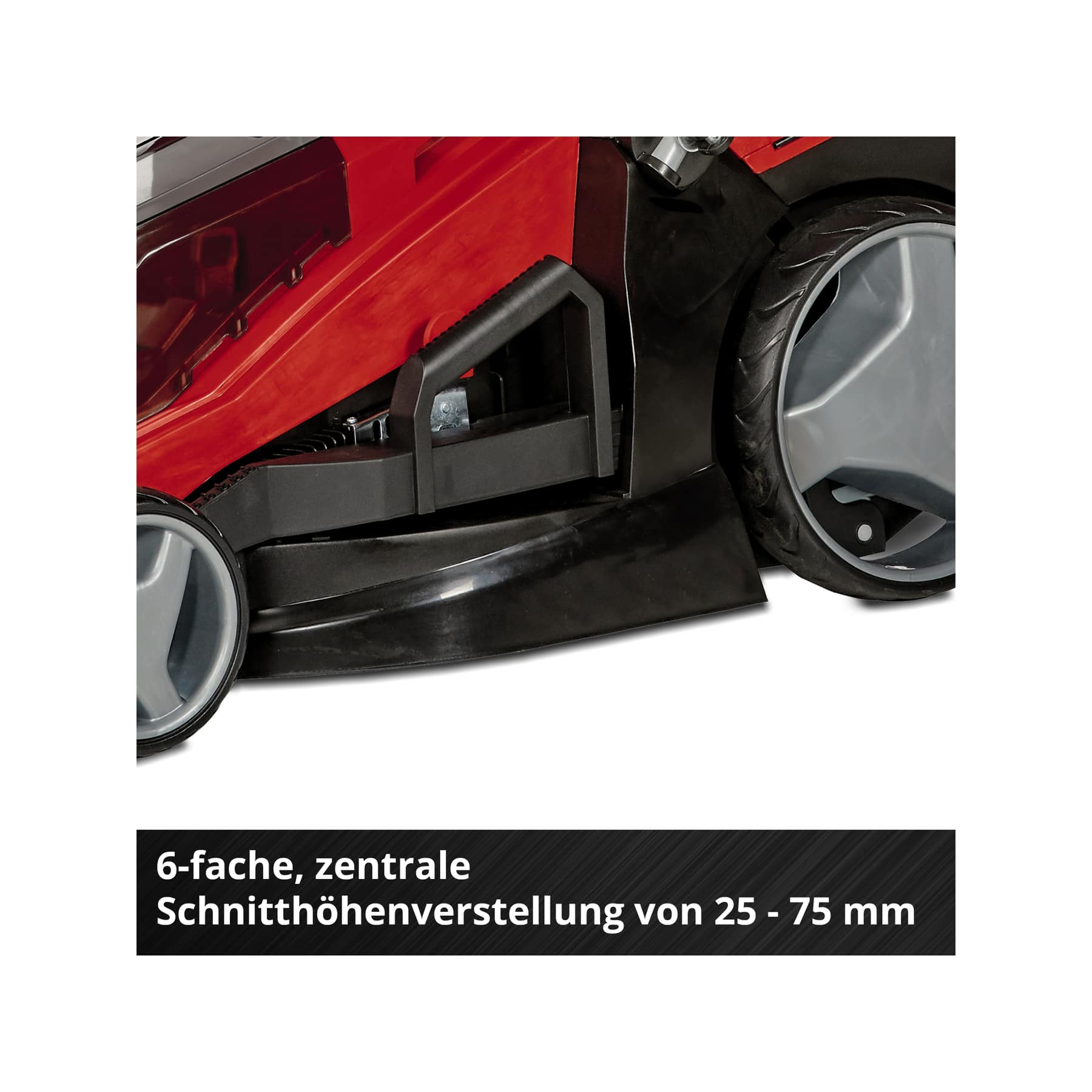 Nahaufnahme eines roten Rasenmähers mit schwarzem Griff und Rad.