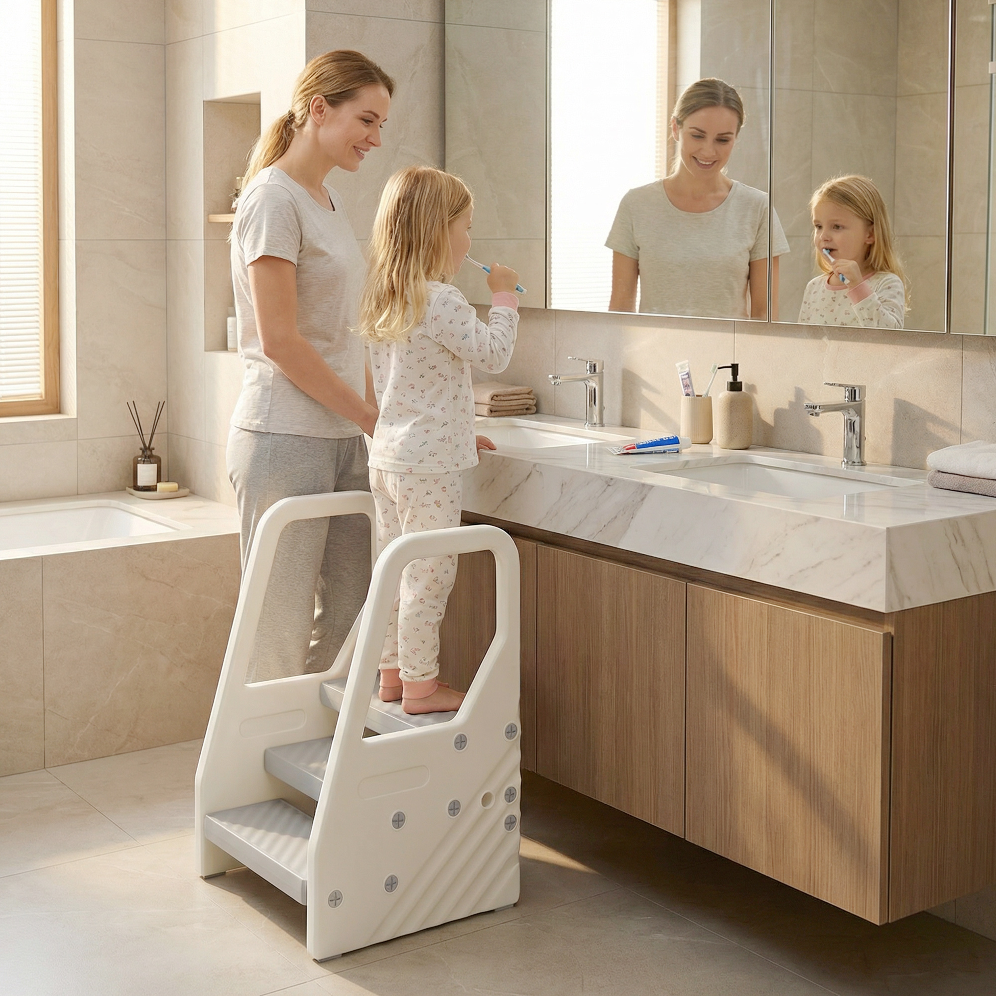 Madre observa a hija cepillarse los dientes en un taburete en el baño.