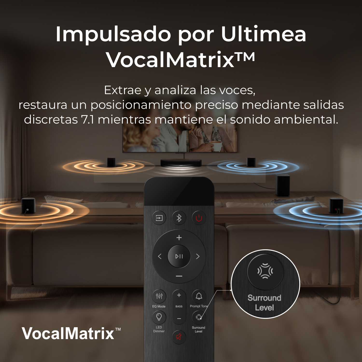 Control remoto controla altavoces de sonido envolvente con efectos.