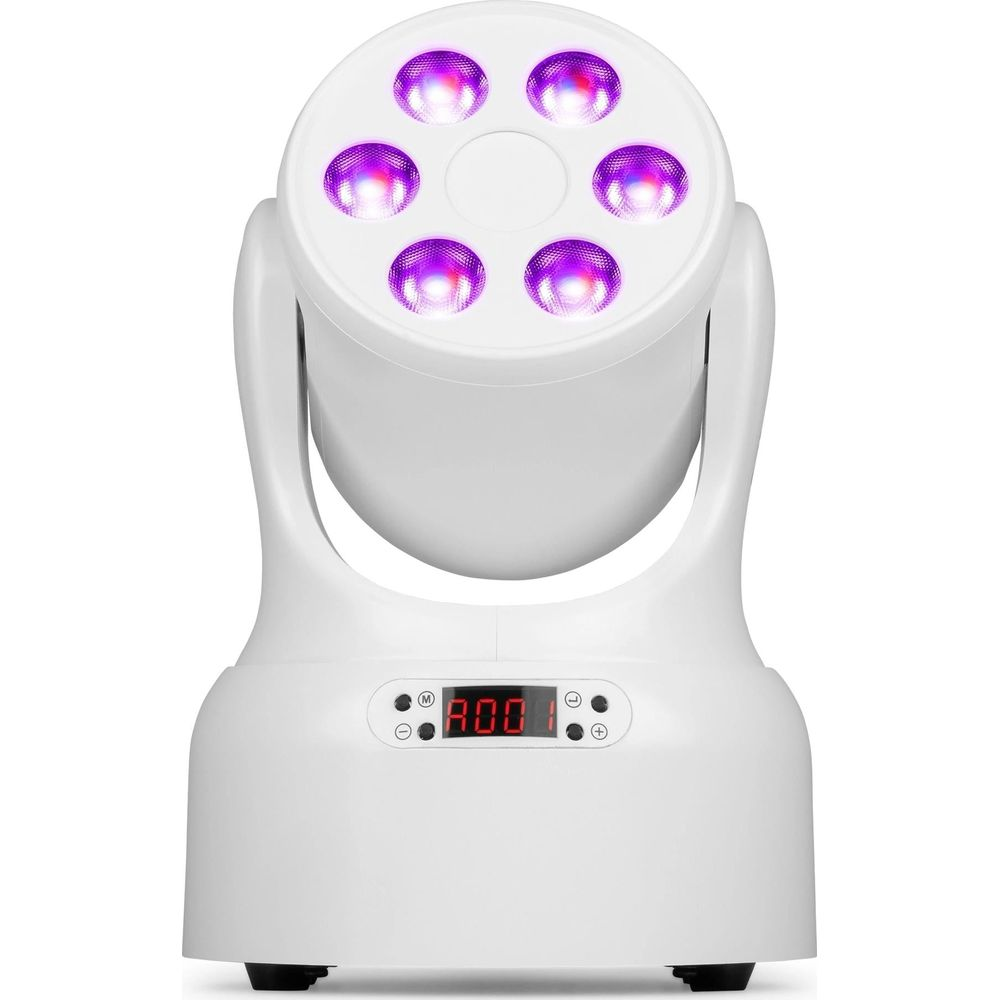 Un foco blanco con seis luces moradas y una pantalla digital roja.