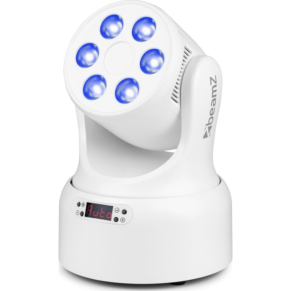 Una luz de cabeza móvil beamZ blanca con LEDs azules sobre fondo blanco.