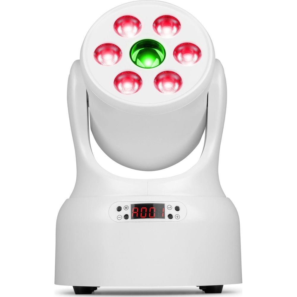 Un foco blanco con luces rojas y una verde, con pantalla digital.