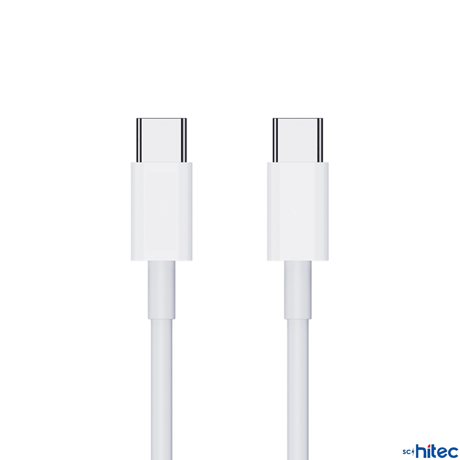 Beyaz arka plan üzerinde iki beyaz USB-C kablo ucu.