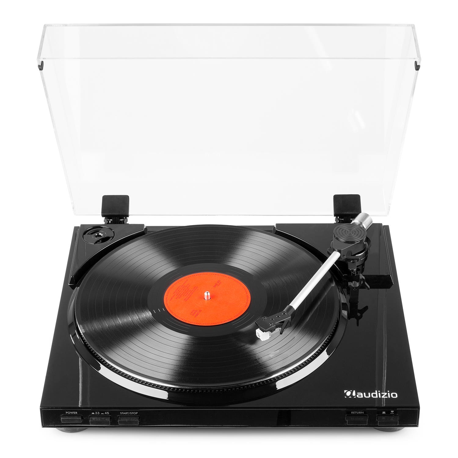 Tocadiscos negro con disco de vinilo y brazo de lectura.