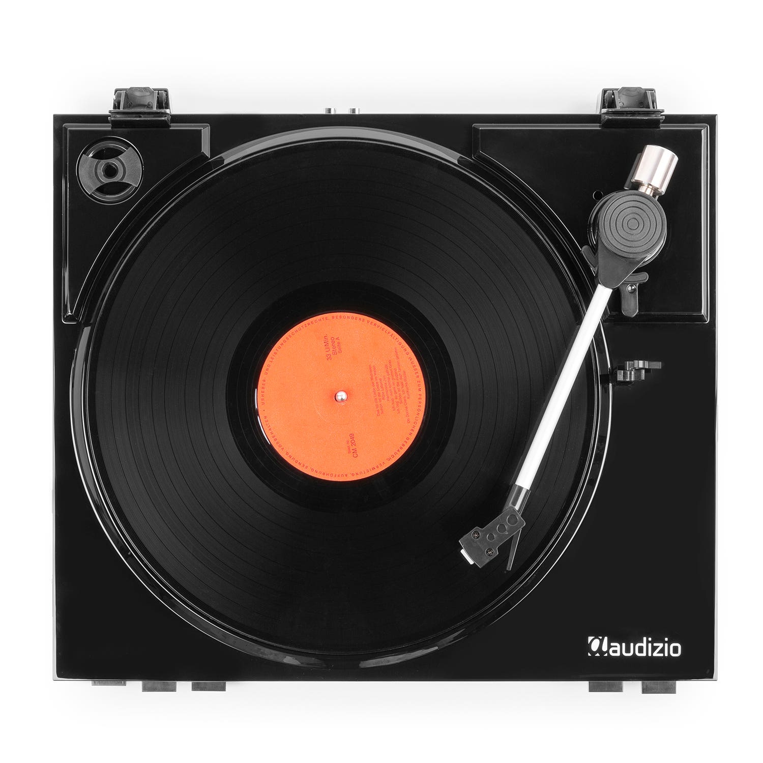 Tocadiscos negro con disco de vinilo y brazo de lectura encima.