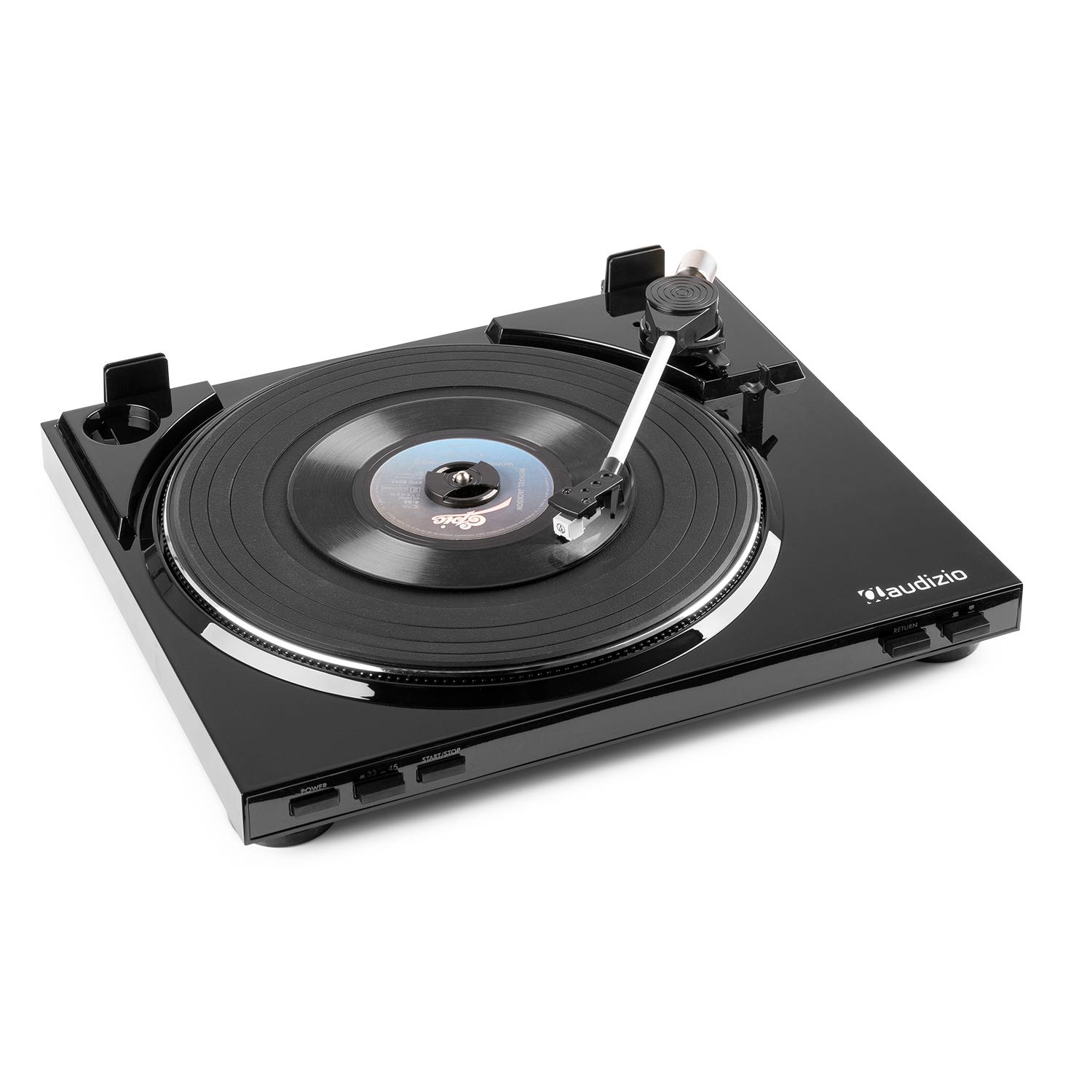 Tocadiscos negro con disco de vinilo y brazo de lectura.
