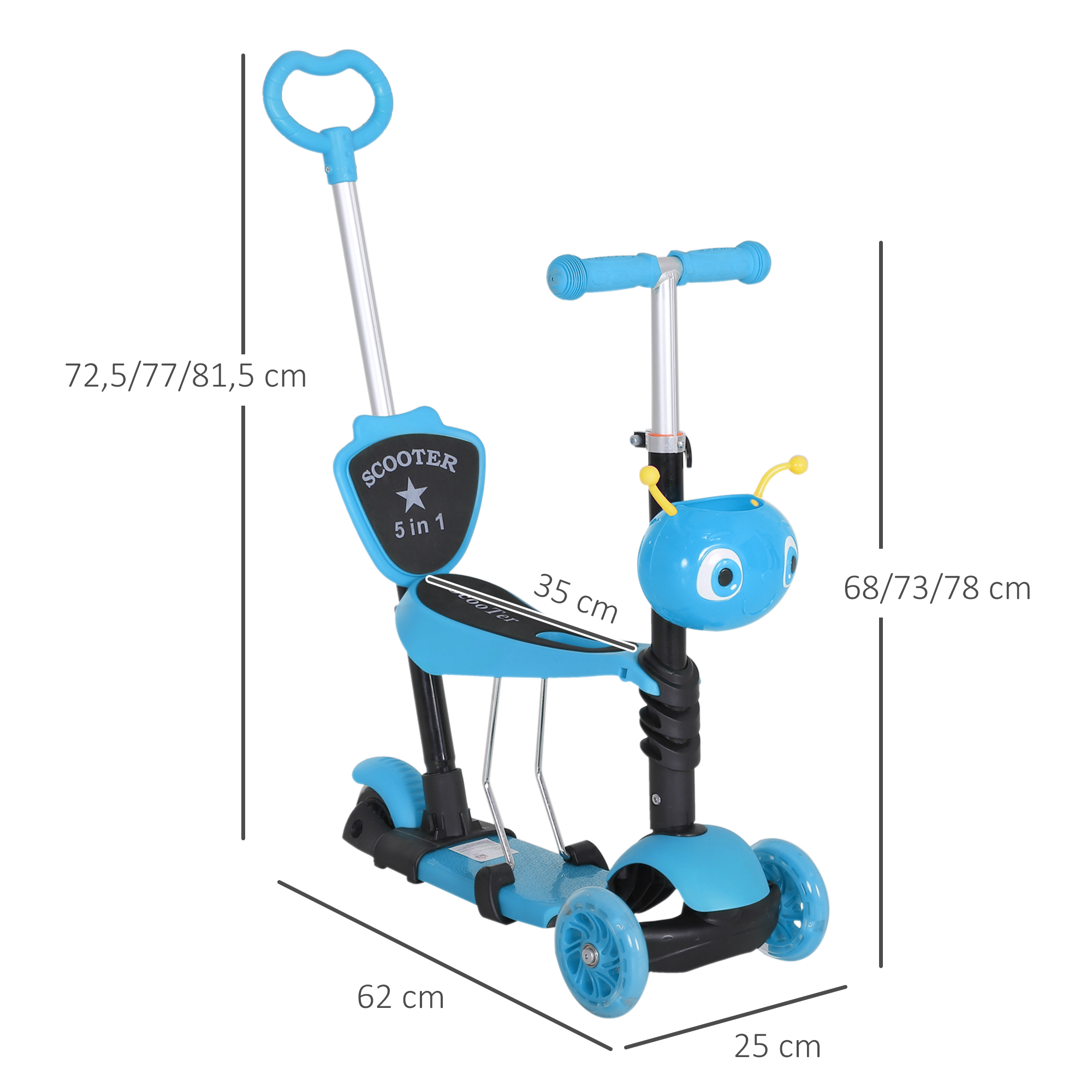Un patinete azul 5 en 1 con asiento, manillar y ruedas, se muestran las dimensiones.
