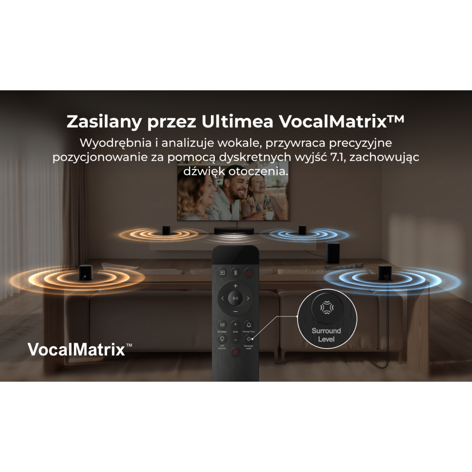 Pilot i głośniki w salonie z wyświetlaczami falowymi.