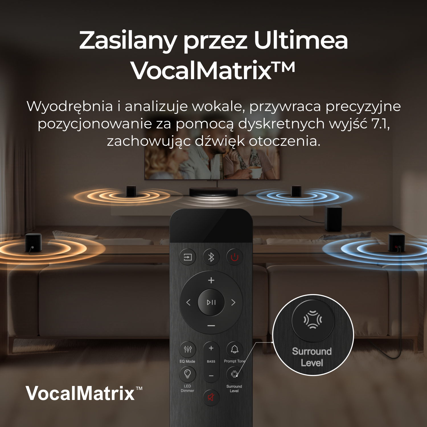 Pilot steruje systemem dźwięku przestrzennego z podświetlanymi pierścieniami wokół głośników.