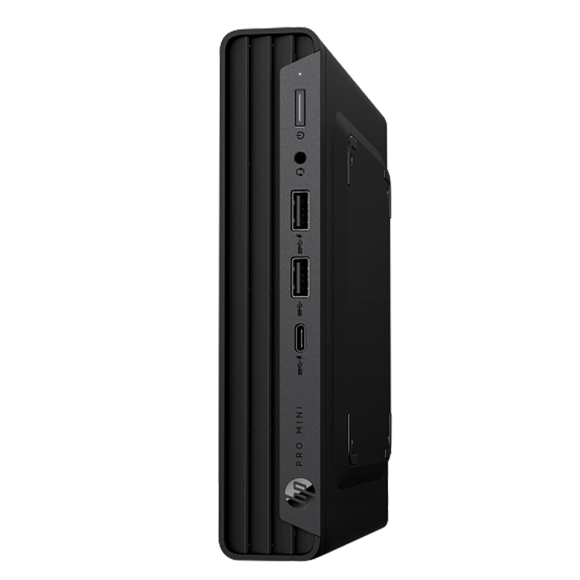 Yan tarafında bağlantı noktaları bulunan siyah HP Pro Mini PC.