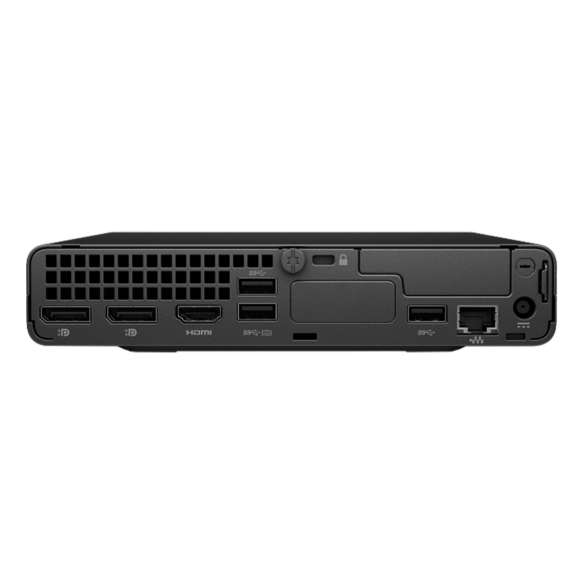 Bağlantı noktalarını gösteren siyah mini PC'nin arka görünümü: DisplayPort, HDMI, USB ve Ethernet.