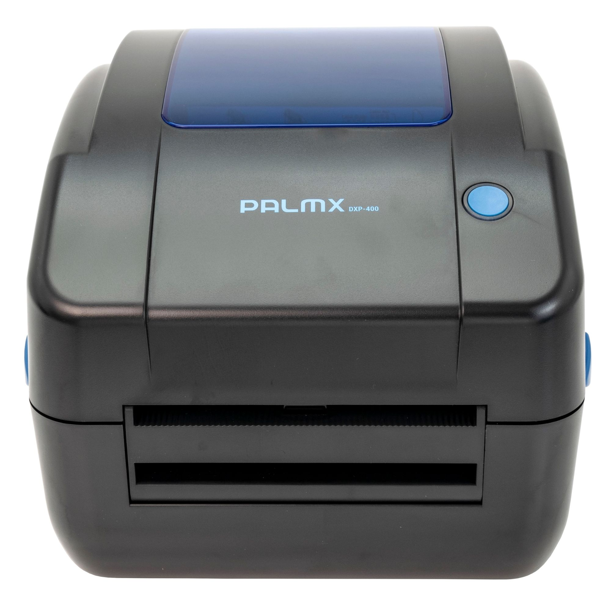 Mavi pencere ve düğmeli siyah PALMX DXP-400 etiket yazıcısı.