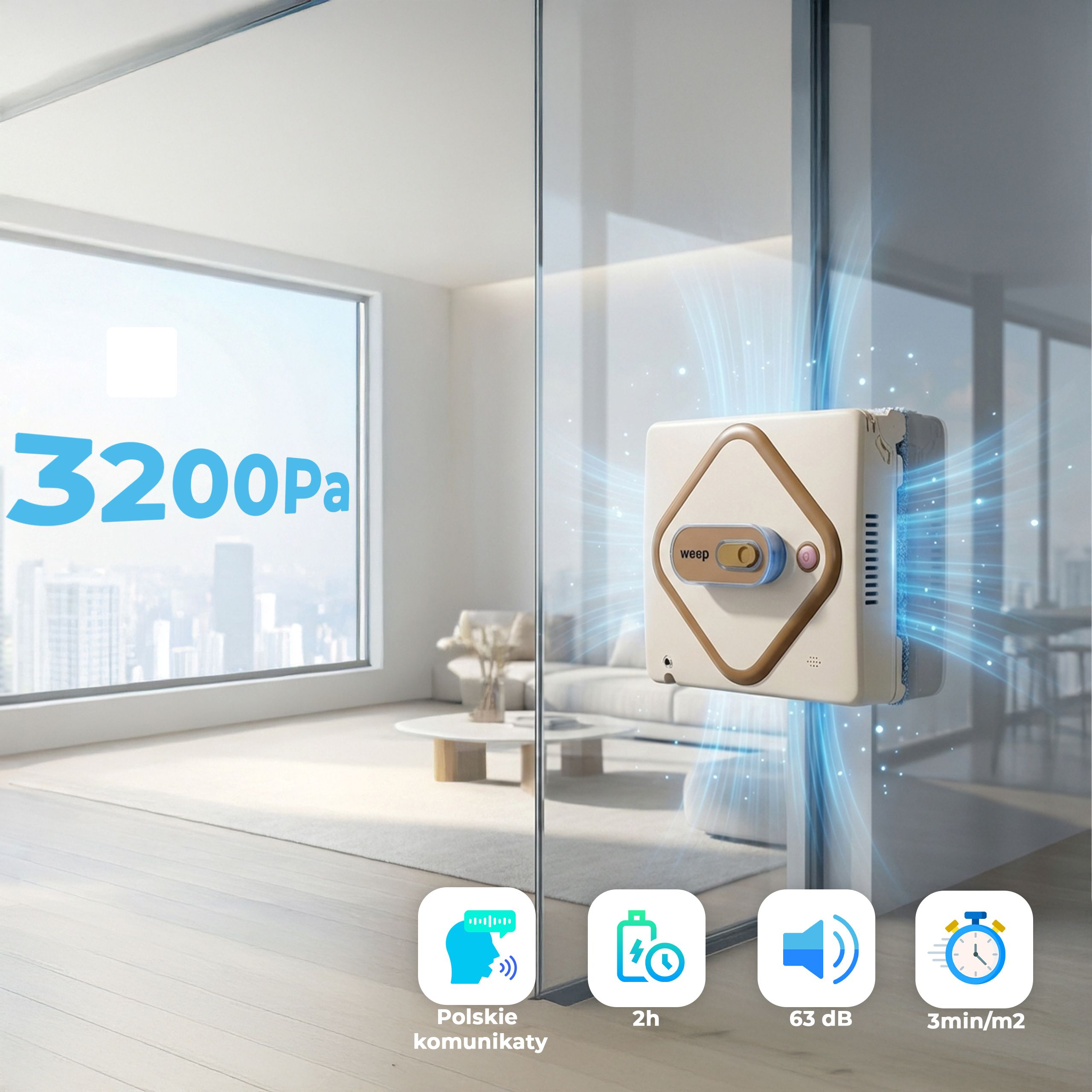 Robot czyści okno przed salonem z meblami.