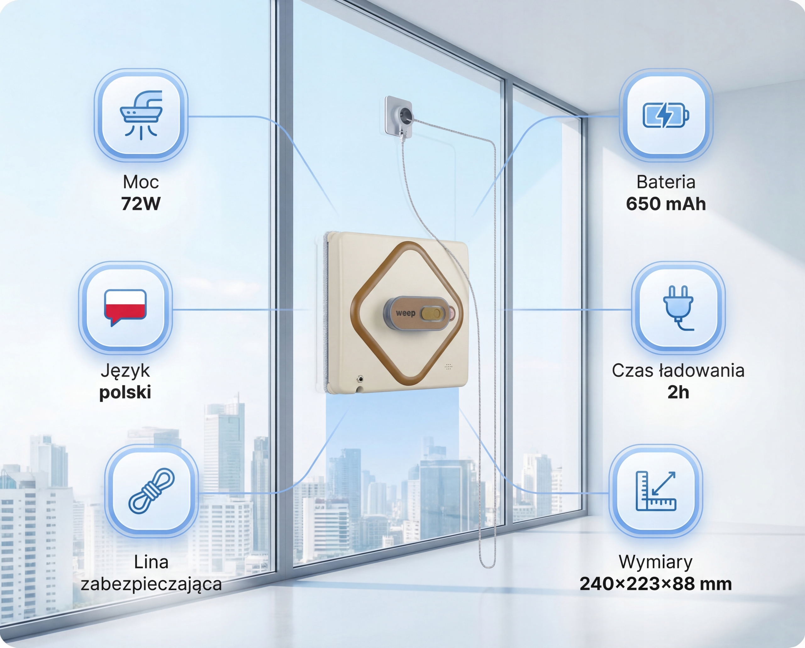 Robot do czyszczenia okien przylega do okna, ze specyfikacją techniczną.