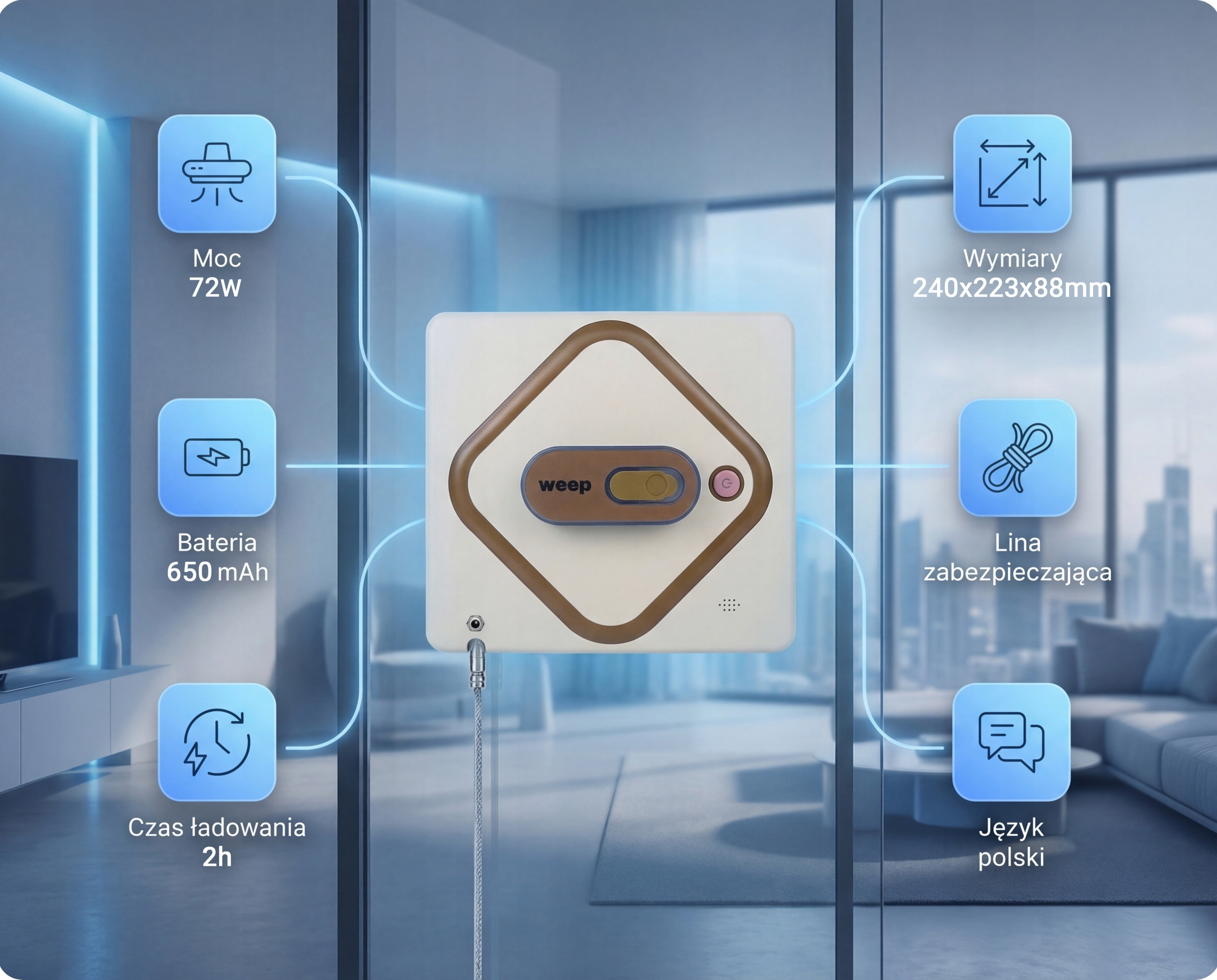 Robot do czyszczenia okien z mocą, baterią, wymiarami, kablem ładującym i bezpieczeństwem.