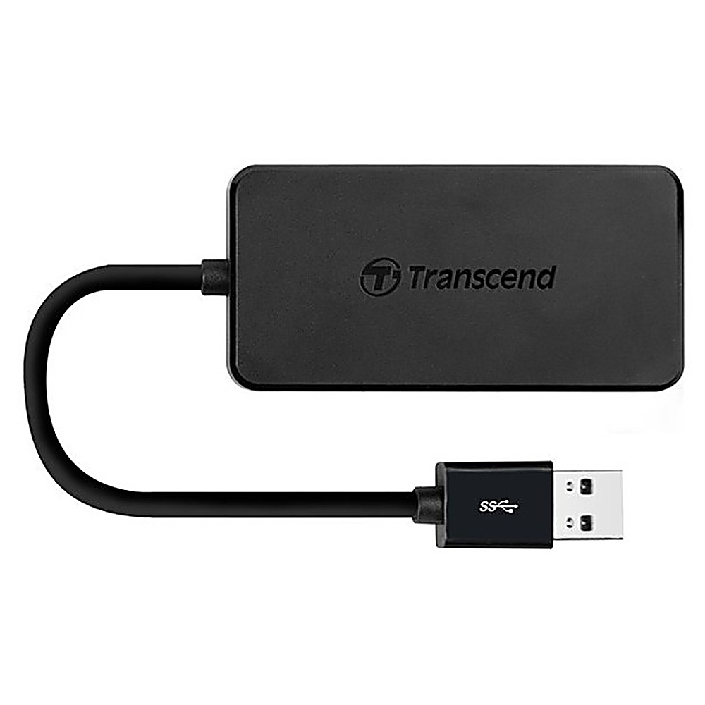 Takılı kablosu ve USB-A konektörü olan siyah Transcend USB kart okuyucu.