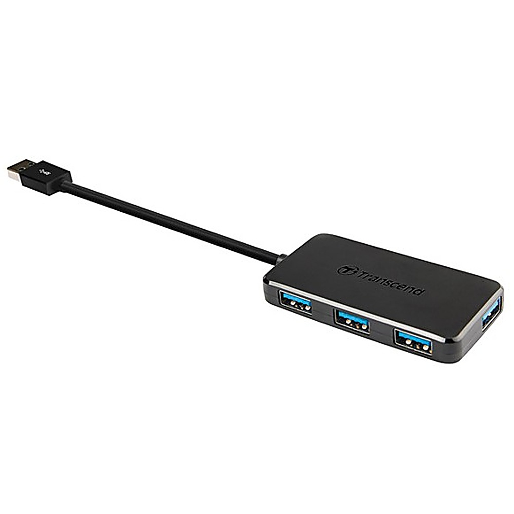 Dört portlu siyah Transcend USB hub ve kablosu.