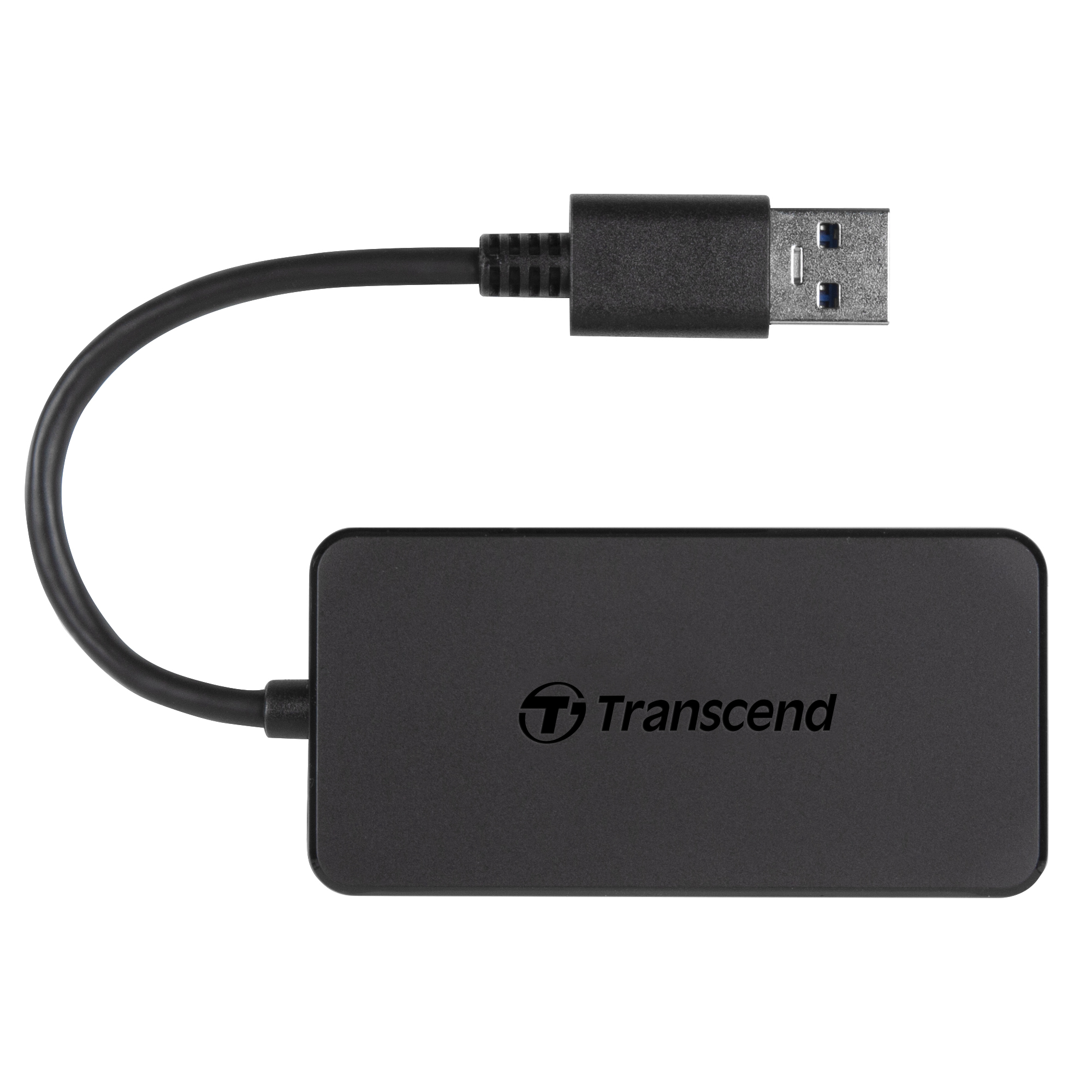 Transcend logolu siyah USB adaptörü ve kablosu.
